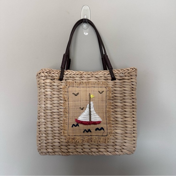 Sonoma Life + Style Handbags - Woven Straw Tote Bag with Sailboat Embroidery - Natural